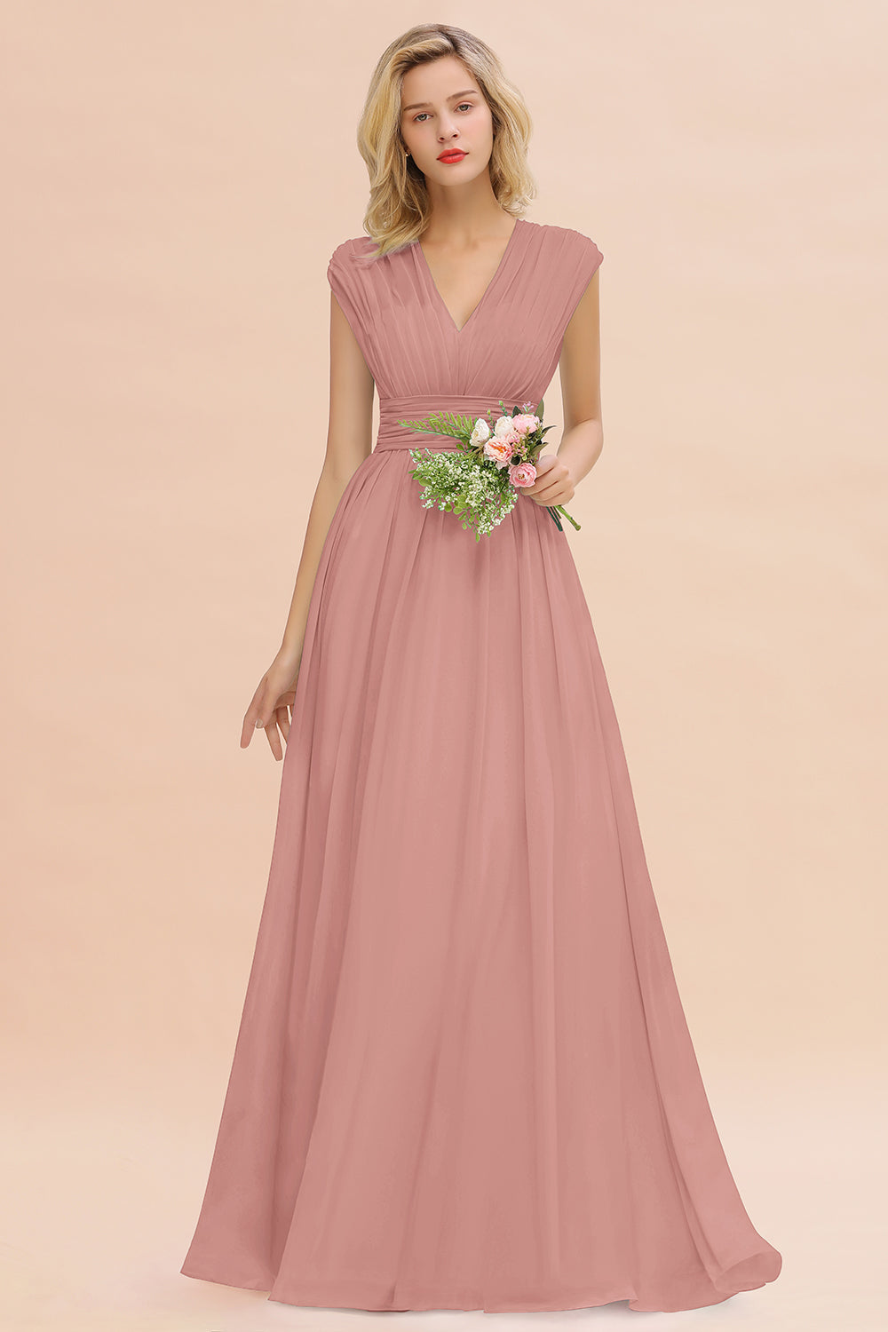 Chiffon V-Neck Sleeveless Elegant A-line Ruffles Bridesmaid Dress