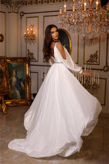 Gorgeous Long A-line V-neck Chiffon Backless Wedding Dresses with Sleeves