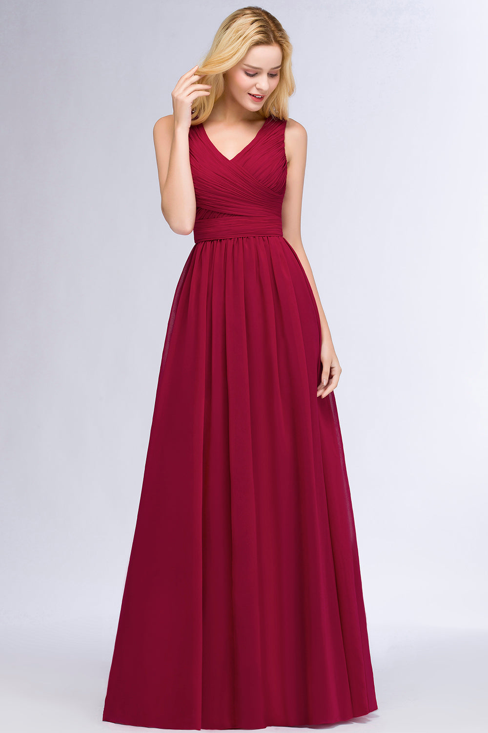A-line Chiffon V-Neck Sleeveless Ruffles Floor Length Bridesmaid Dress