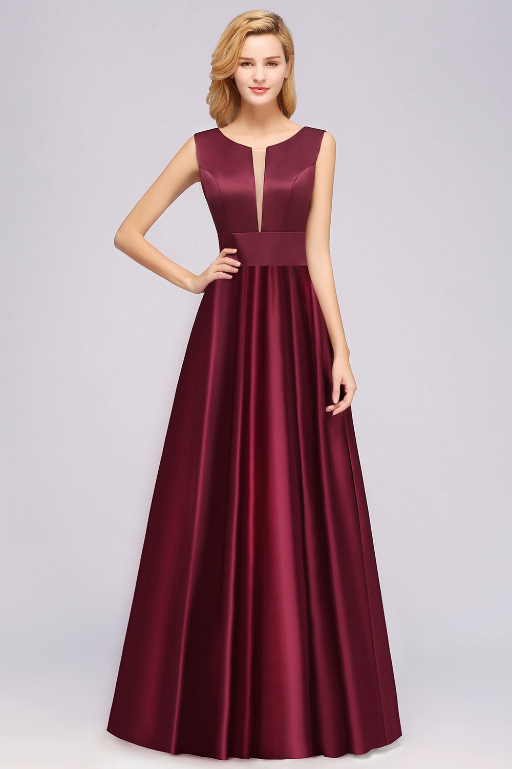 A-line Satin Deep-V-Neck Sleeveless Ruffles Floor Length Bridesmaid Dress
