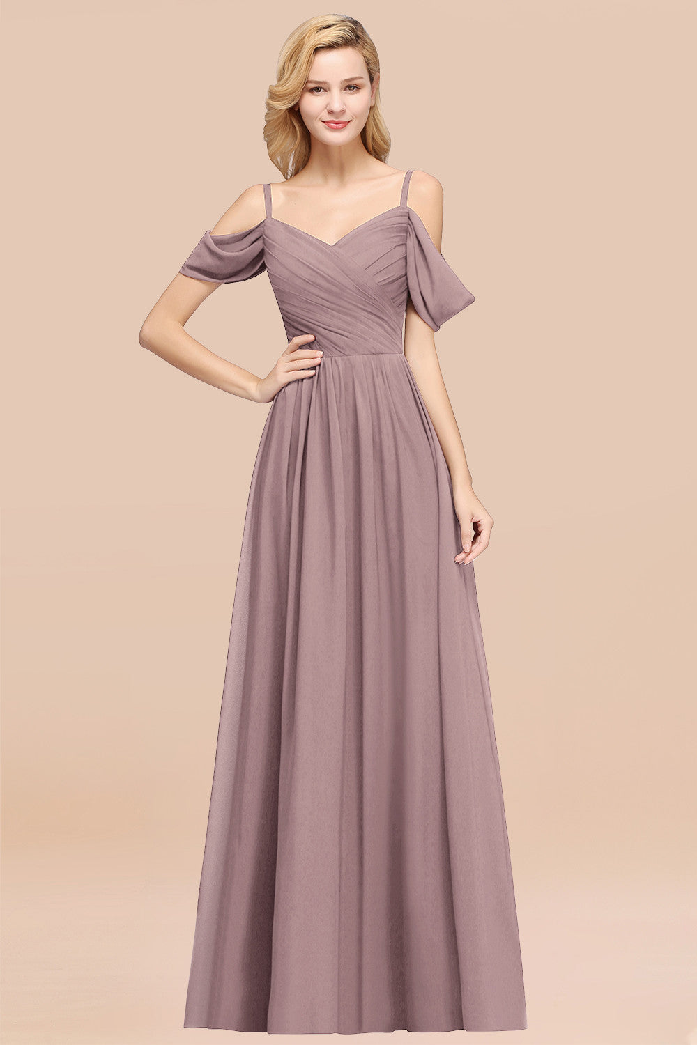 A-Line Chiffon V-Neck Spaghetti Straps Short Sleeves Floor Length Bridesmaid Dresses with Ruffles