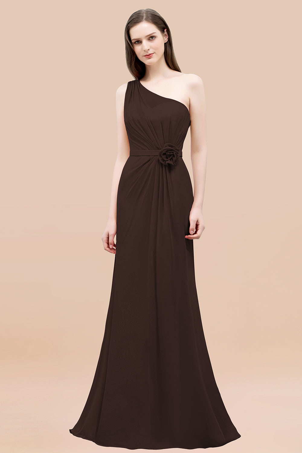Mermaid Chiffon One Shoulder Sleeveless Ruffled Floor Length Bridesmaid Dresses with Flower