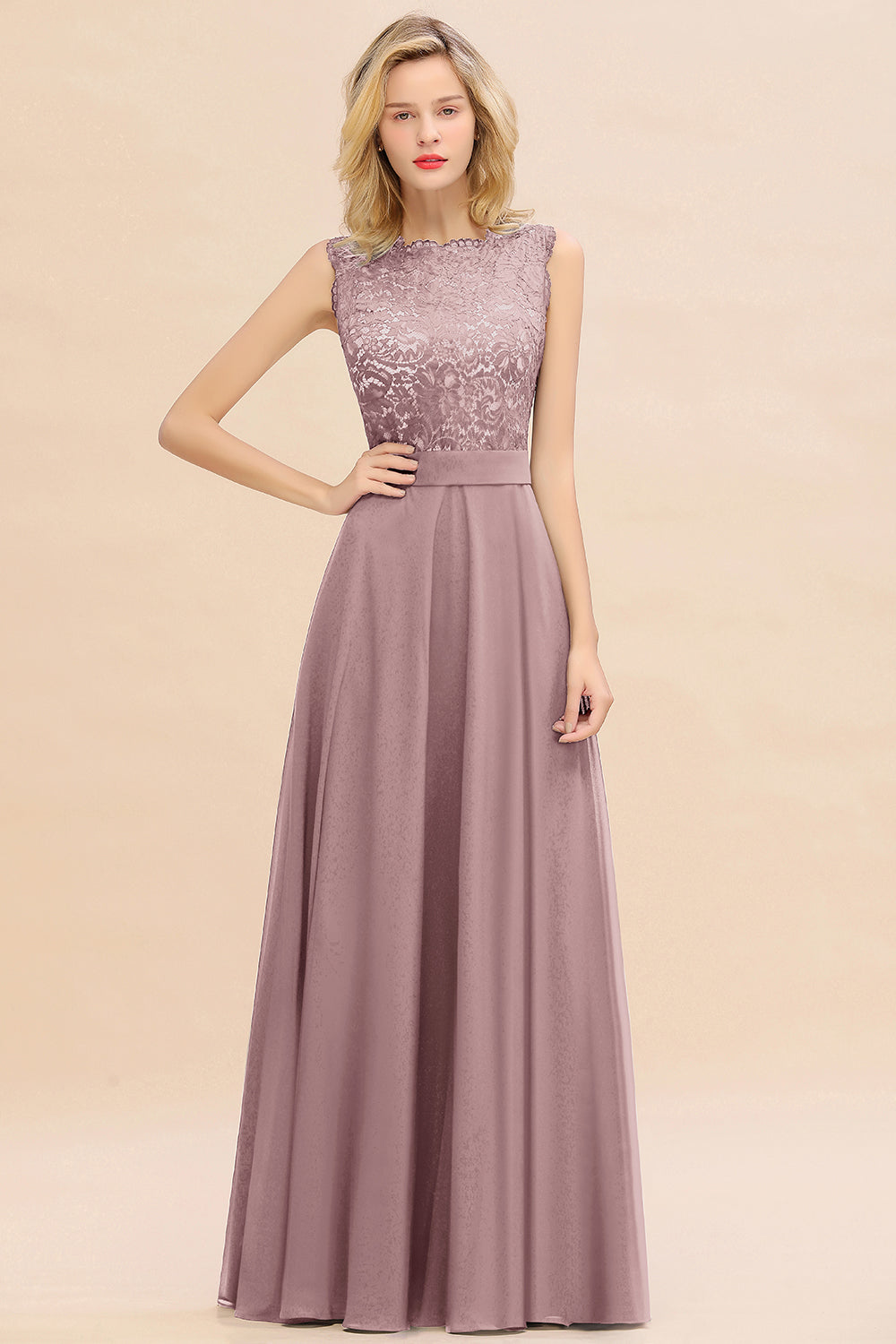 Long A-line Chiffon Lace Sleeveless Bridesmaid Dresses