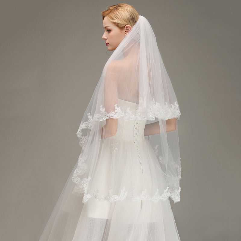 Two Layers Tulle Appliques Wedding Veil