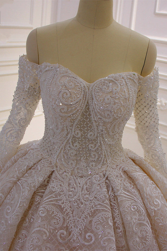 Gorgeous Off the Shoulder Long Sleeve Appliques Lace Ball Gown Wedding Dress