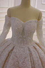 Gorgeous Off the Shoulder Long Sleeve Appliques Lace Ball Gown Wedding Dress