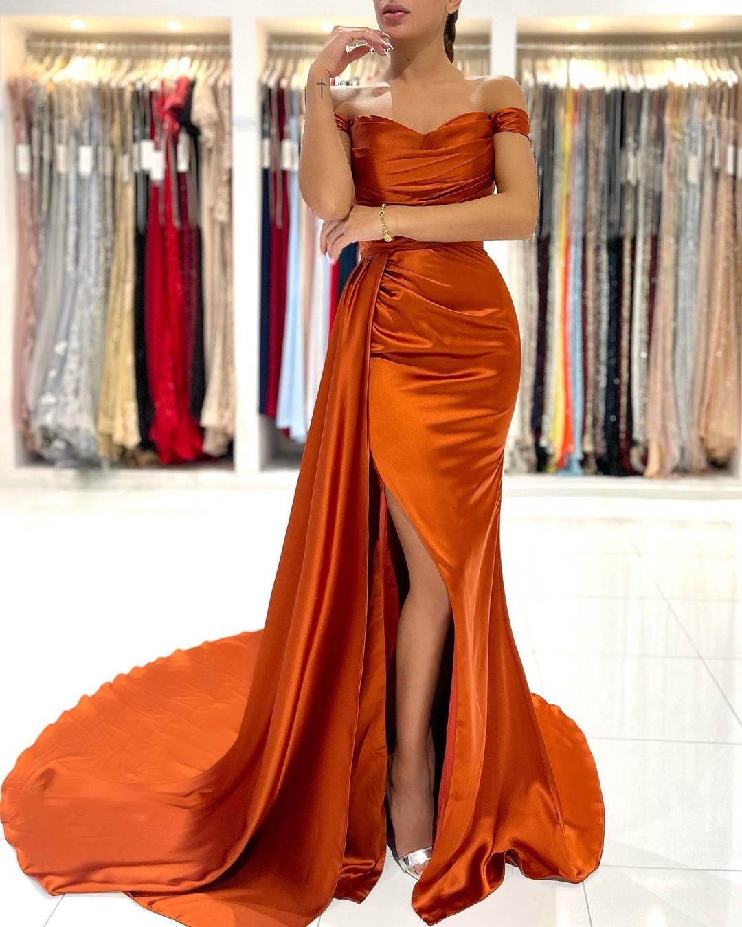 Stunning Long Mermaid Off the Shoulder Satin Prom Dress with Slit
