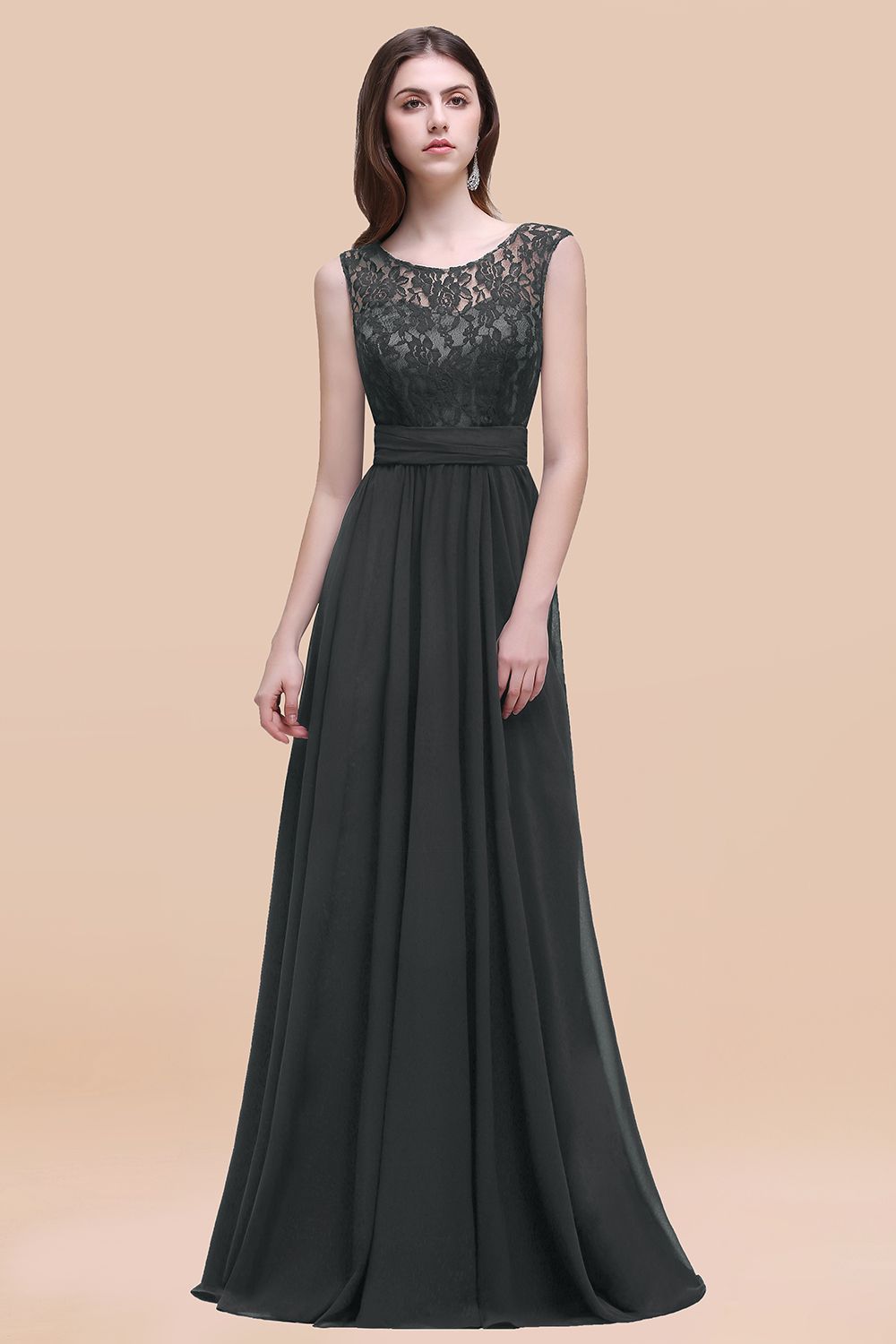 Elegant A-line Chiffon Lace Scoop Sleeveless Floor Length Bridesmaid Dress