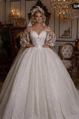 Luxury Long Ball Gown Glitter Sweetheart Wedding Dress with Puffy Sleeves
