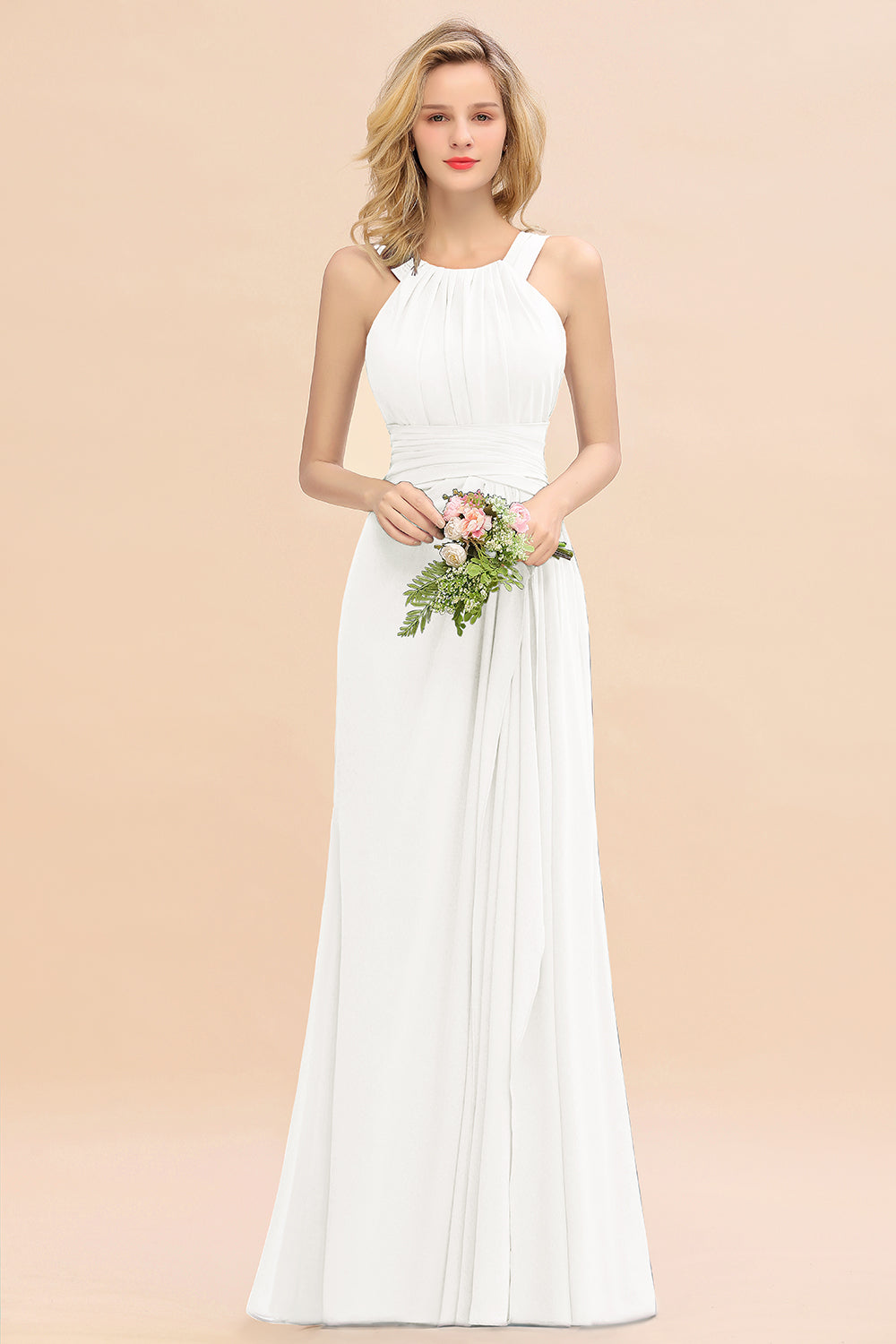 Long A-line Halter Chiffon Backless Floor Length Bridesmaid Dresses