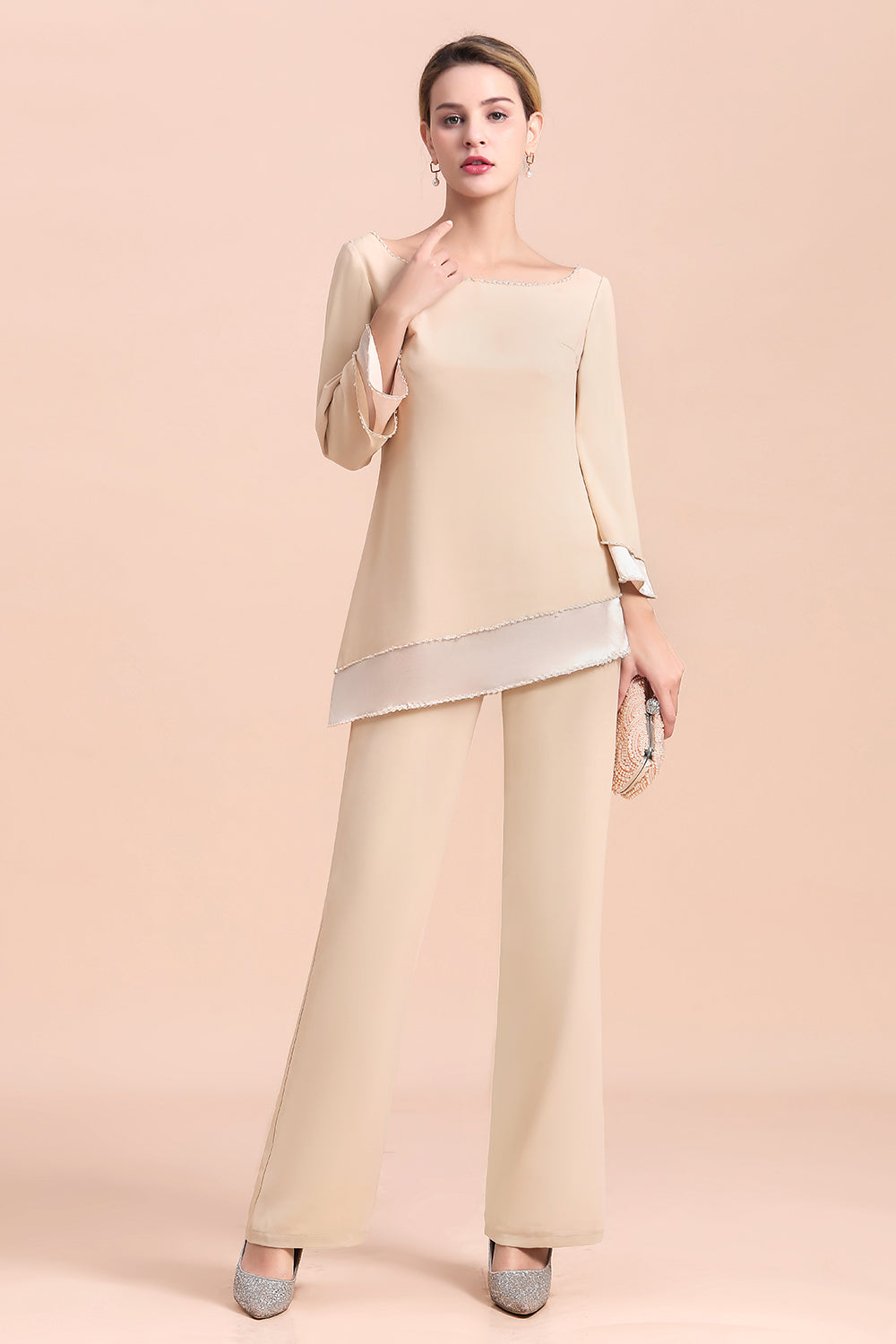 Chic Champagne Chiffon Long Sleeve Mother of Bride Jumpsuit