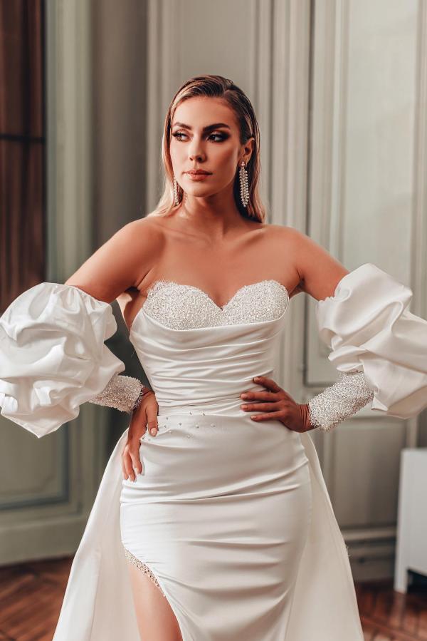 Mermaid Sweetheart Off the Shoulder Satin Long Beading Wedding Dress with Bubble Sleeves
