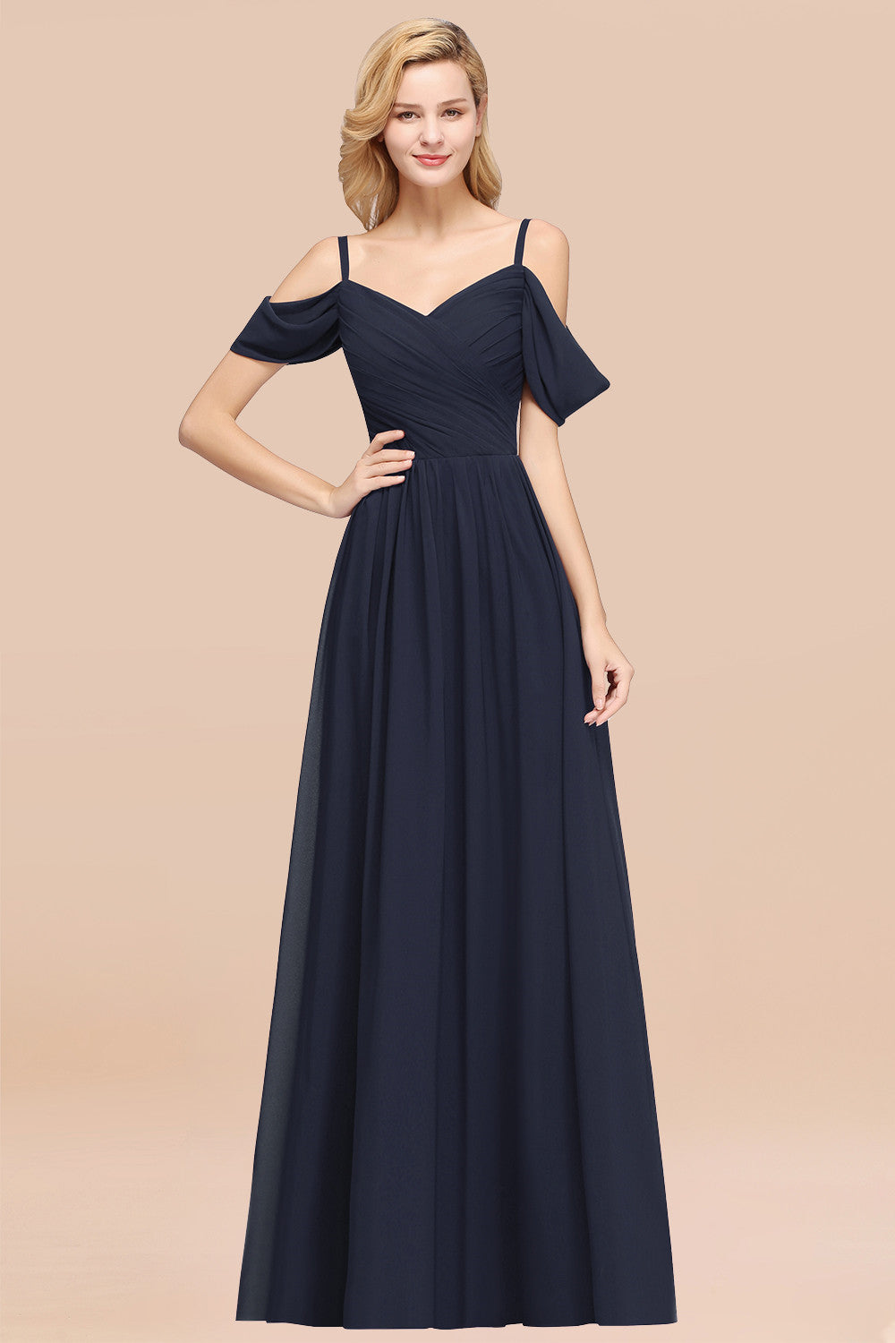 A-Line Chiffon V-Neck Spaghetti Straps Short Sleeves Floor Length Bridesmaid Dresses with Ruffles