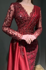 Burgundy Long Mermaid V-neck Satin Lace Formal Evening Dress with Sleeves