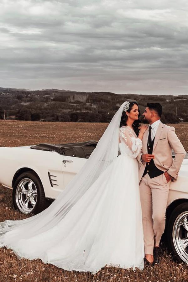 Modest Boho Long A-line One Shoulder Tulle Wedding Dress with Sleeves
