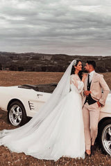 Modest Boho Long A-line One Shoulder Tulle Wedding Dress with Sleeves