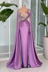 V Neck Long Sleeves Mermaid Satin Floor Length Prom Dress with Beads