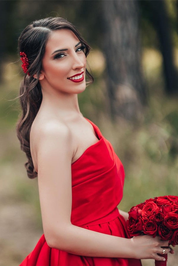 Beautiful Red Long A-line One Shoulder Satin Wedding Dresses