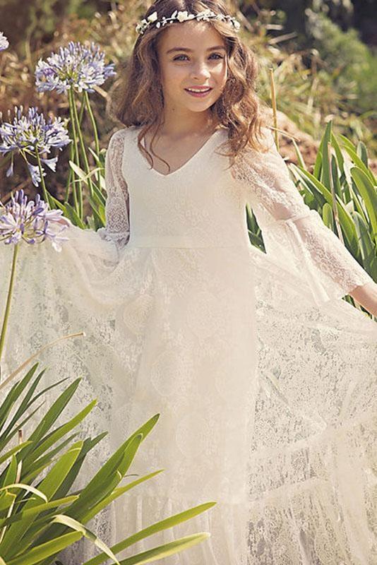 White A-line Scoop Neck Long Sleeves Dress Flower Girl Dress