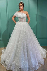 Gorgeous Long A-line One Shoulder Glitter Wedding Dress
