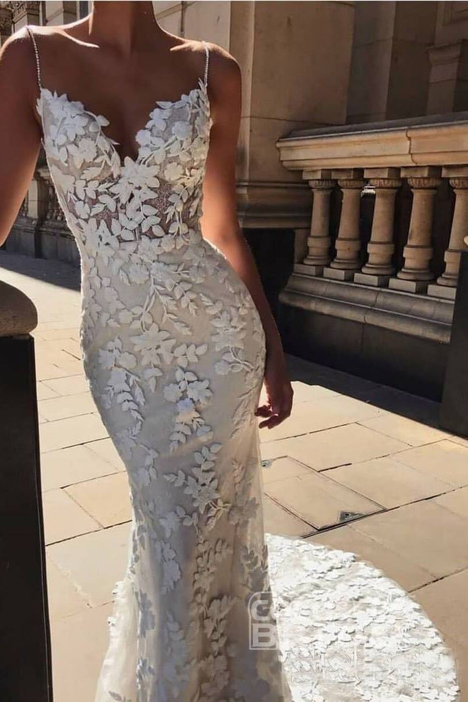 Long Spaghetti Strap Mermaid Lace Appliques Open Back Wedding Dress