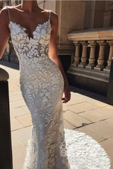 Long Spaghetti Strap Mermaid Lace Appliques Open Back Wedding Dress