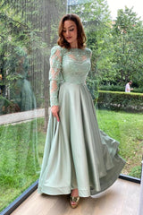 Crew Neck A-Line Long Sleeve Appliques Lace Satin Prom Dress with Slit