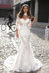 Beautiful Sweetheart White Long Sleeve Tulle Mermaid Wedding Dresses