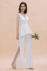 White V-neck Wide Straps Bridesmaid Dress Floor Length Jumpsuit With Sash