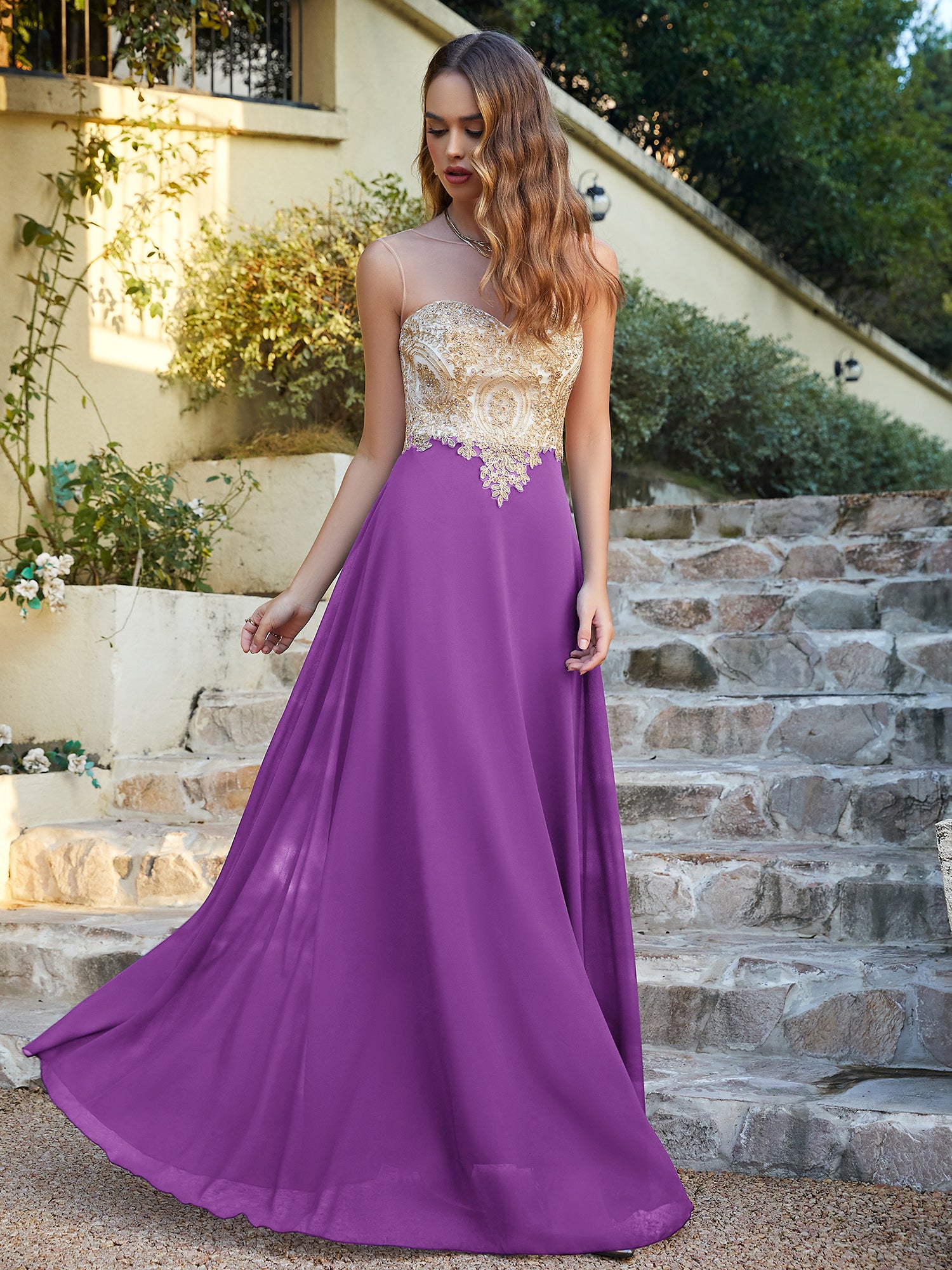Elegant Long A-line Chiffon Sleeveless Tulle Lace Appliques Prom Dress