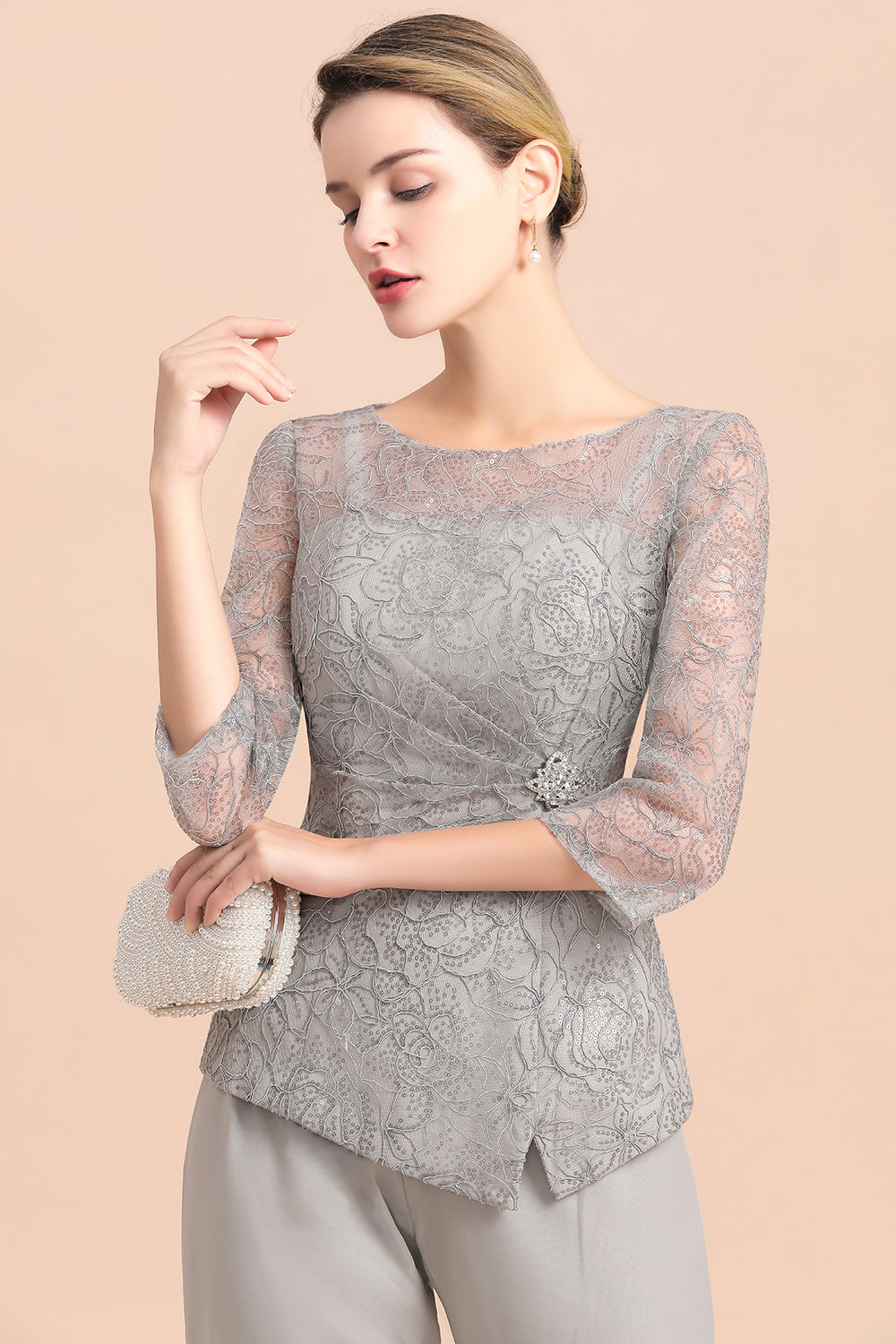 Elegant 3/4 Sleeves Lace Chiffon Jewl Mother of Bride Jumpsuit