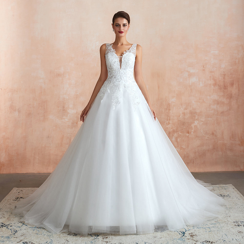Elegant Long V-neck Appliques Lace Tulle A-line Wedding Dress
