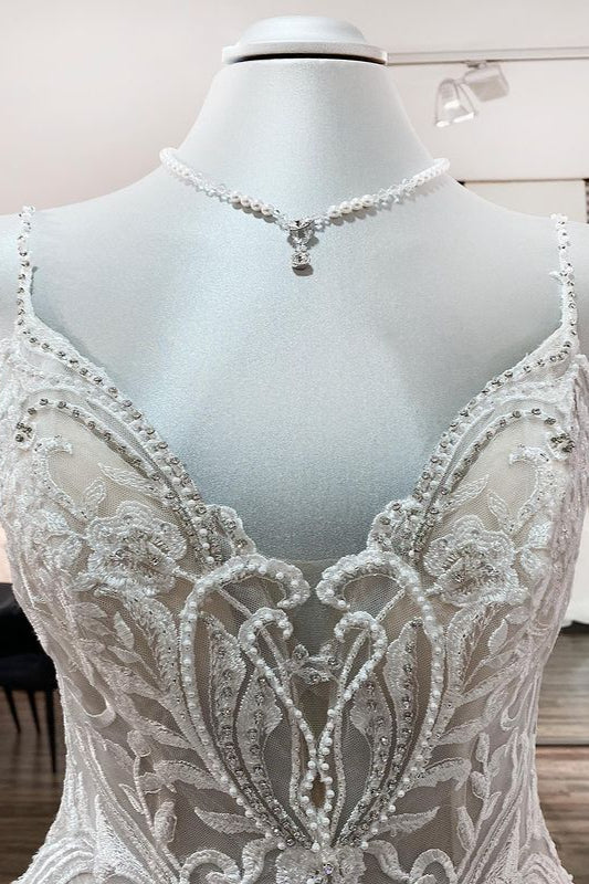 Long A-line V-neck Spaghetti Straps Tulle Wedding Dress with Lace Ruffles