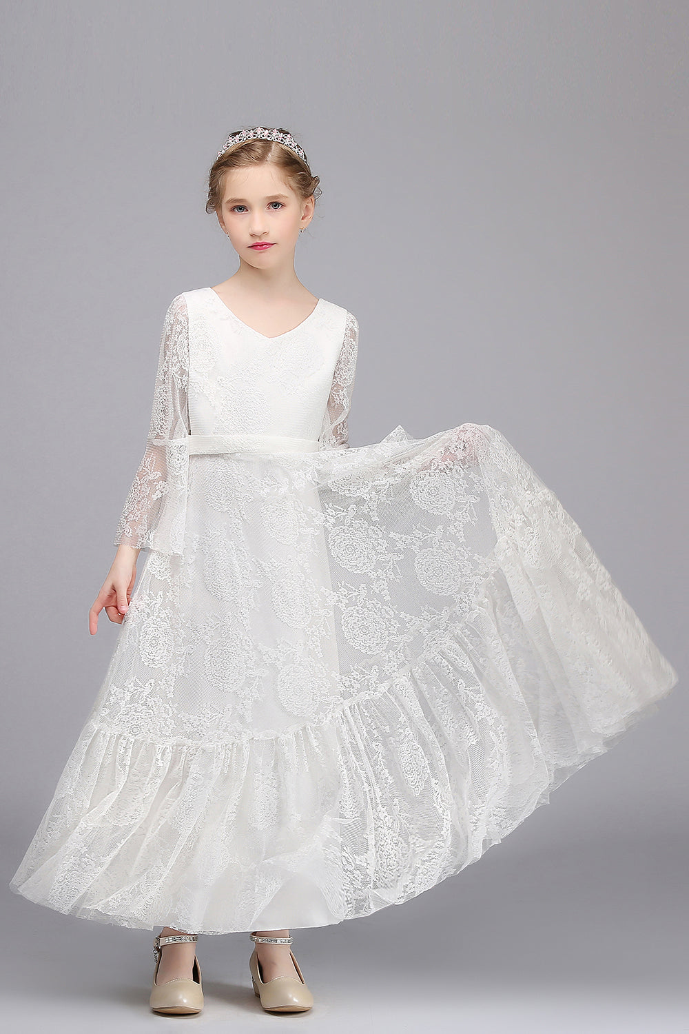 Long A-line Appliques Lace V-neck Floor Length Flower Girl Dress with Sleeves