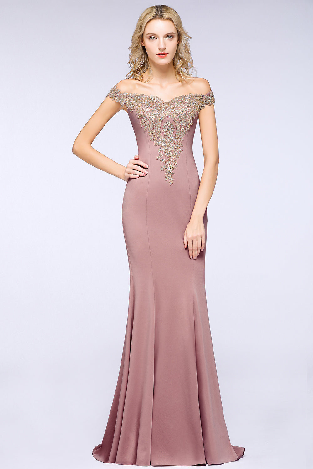 Charming Off the Shoulder Floor Length Mermaid Appliques Zipper Bridesmaid Dress