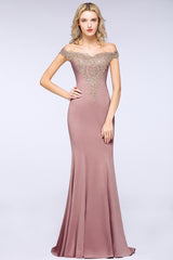 Charming Off the Shoulder Floor Length Mermaid Appliques Zipper Bridesmaid Dress