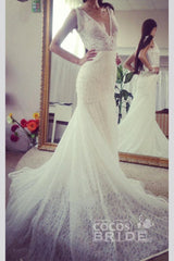 Long Mermaid V-neck Sleeveless Open Back Lace Wedding Dress