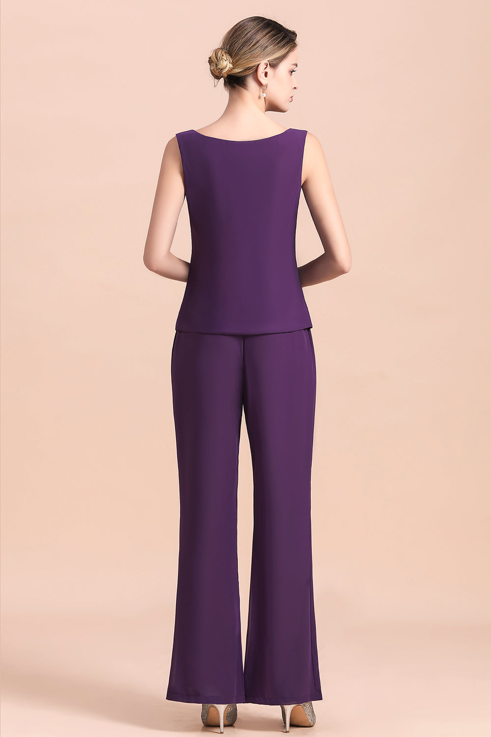 Straps Beading Grape Chiffon Long Sleeves Mother of Bride Jumpsuit With Wrap