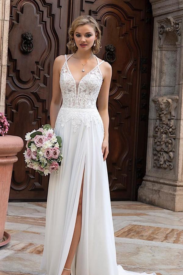 Simple Long A-line V-neck Chiffon Lace Wedding dress with Slit