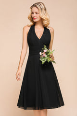 Simple Black Deep V-neck Halter Backless Knee-length Chiffon A-Line Bridesmaid Dress