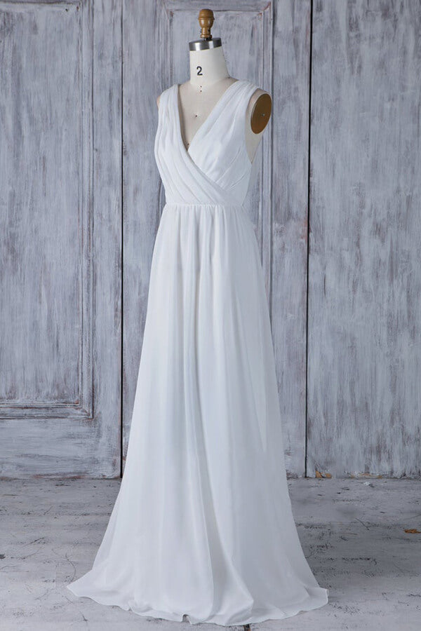 Elegant Long V-neck Ruffle Chiffon A-line Wedding Dress