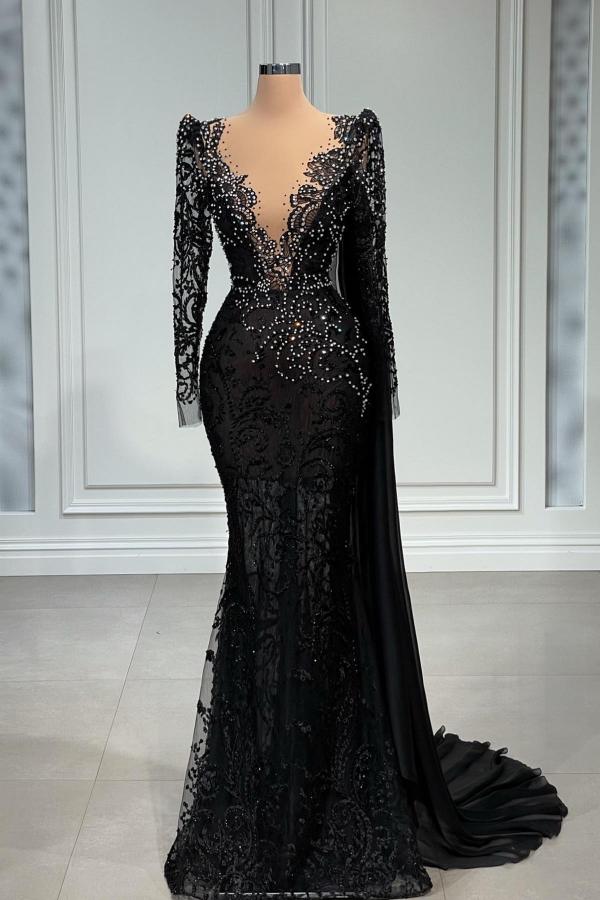 Elegant Long Mermaid V-neck Tulle Lace Black Formal Evening Dress with Sleeves