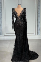 Elegant Long Mermaid V-neck Tulle Lace Black Formal Evening Dress with Sleeves