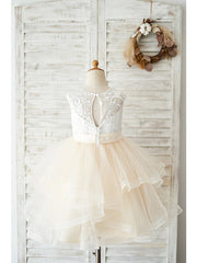 Short Ball Gown Sleeveless Jewel Neck Knee Length Birthday Flower Girl Dresses
