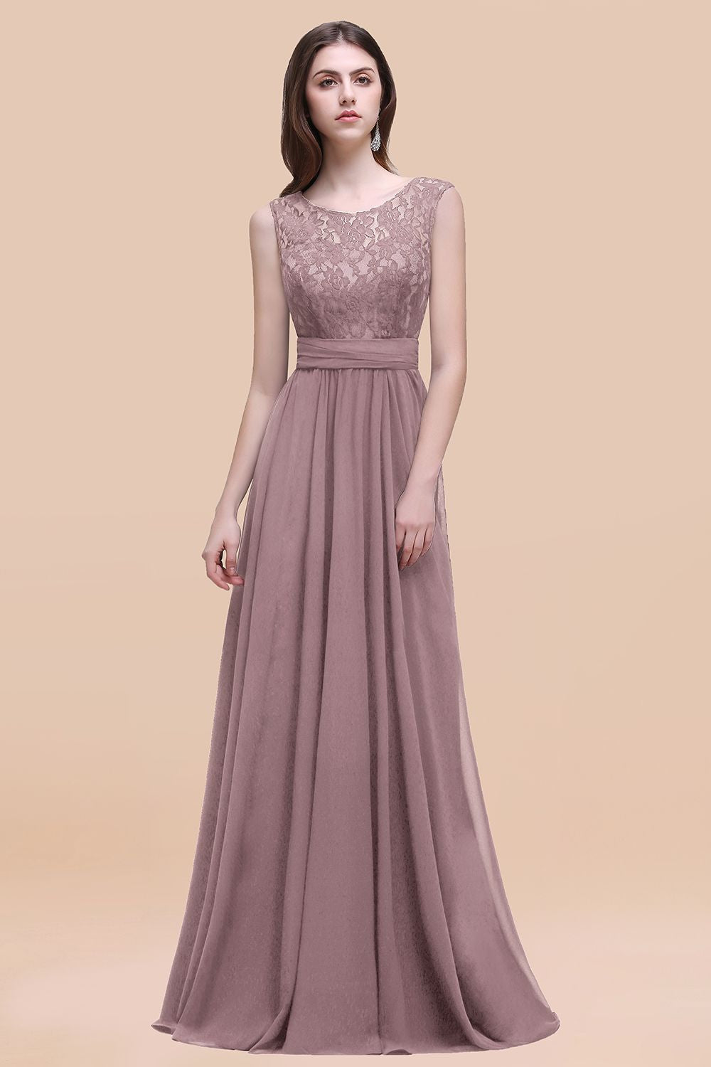 Elegant A-line Chiffon Lace Scoop Sleeveless Floor Length Bridesmaid Dress