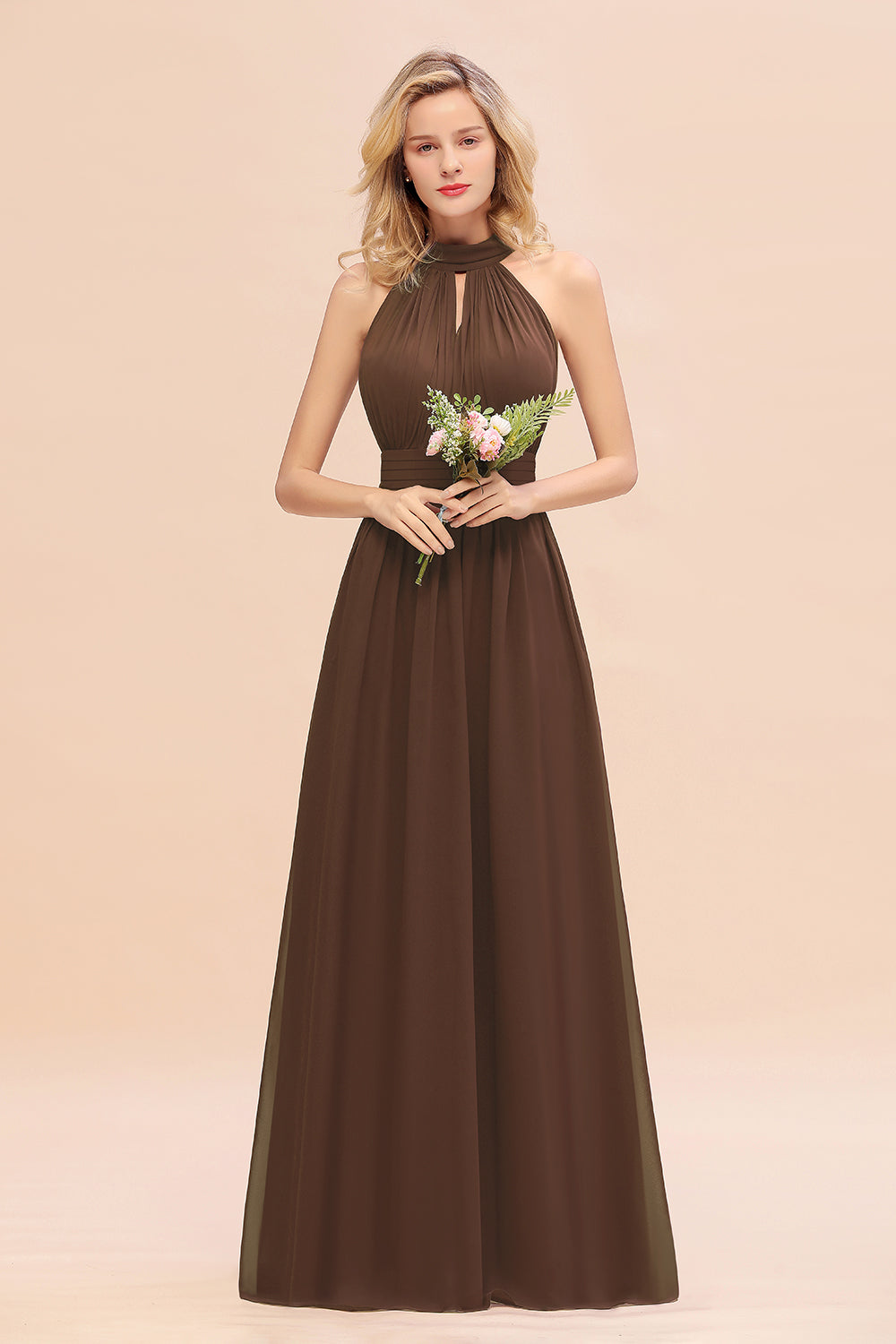 Dusty Sage Long High Neck Chiffon Bridesmaid Dresses with Ruffle
