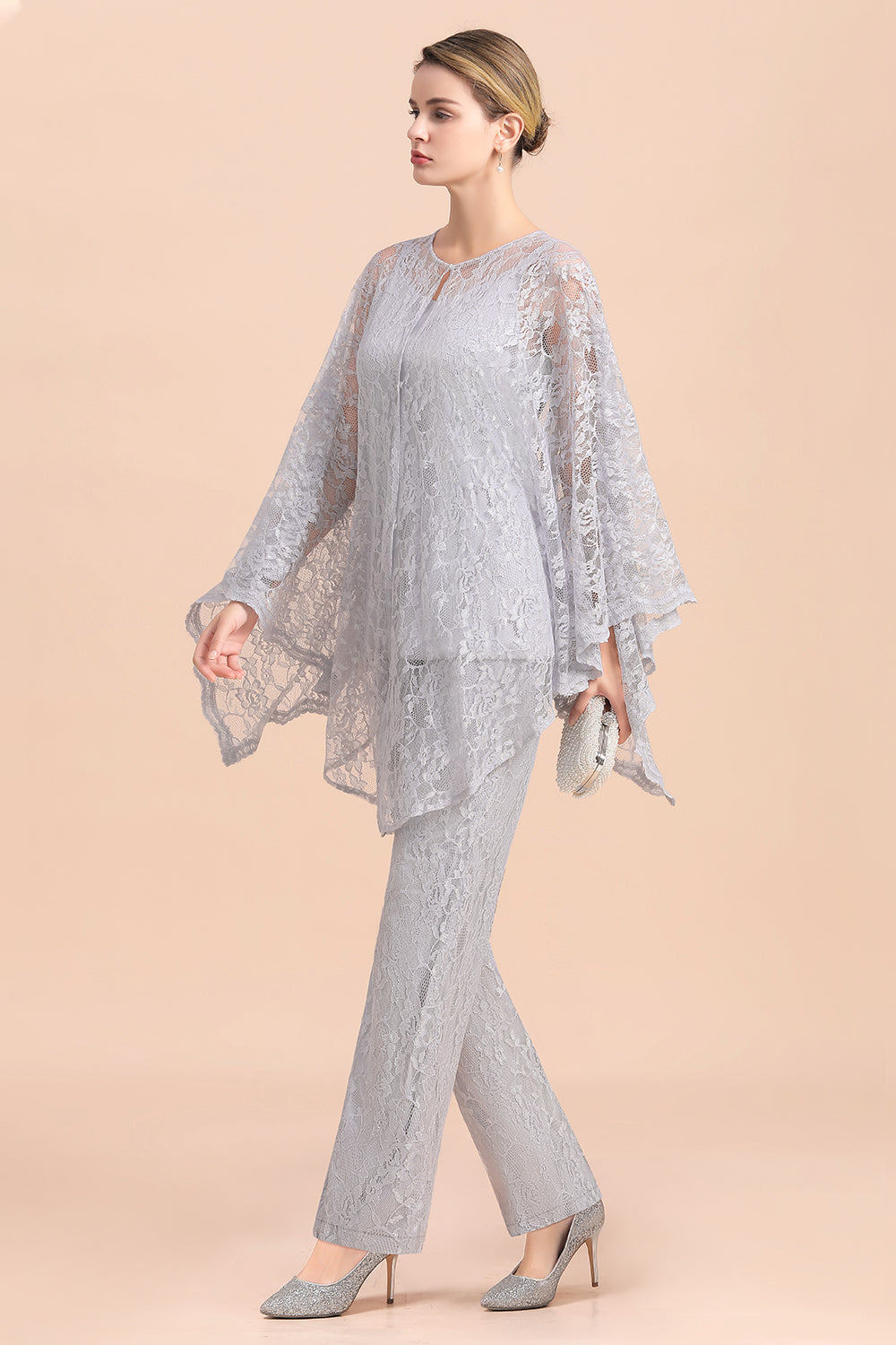 V-Neck Straps Appliques Silver Lace Wraps Mother of Bride Jumpsuit