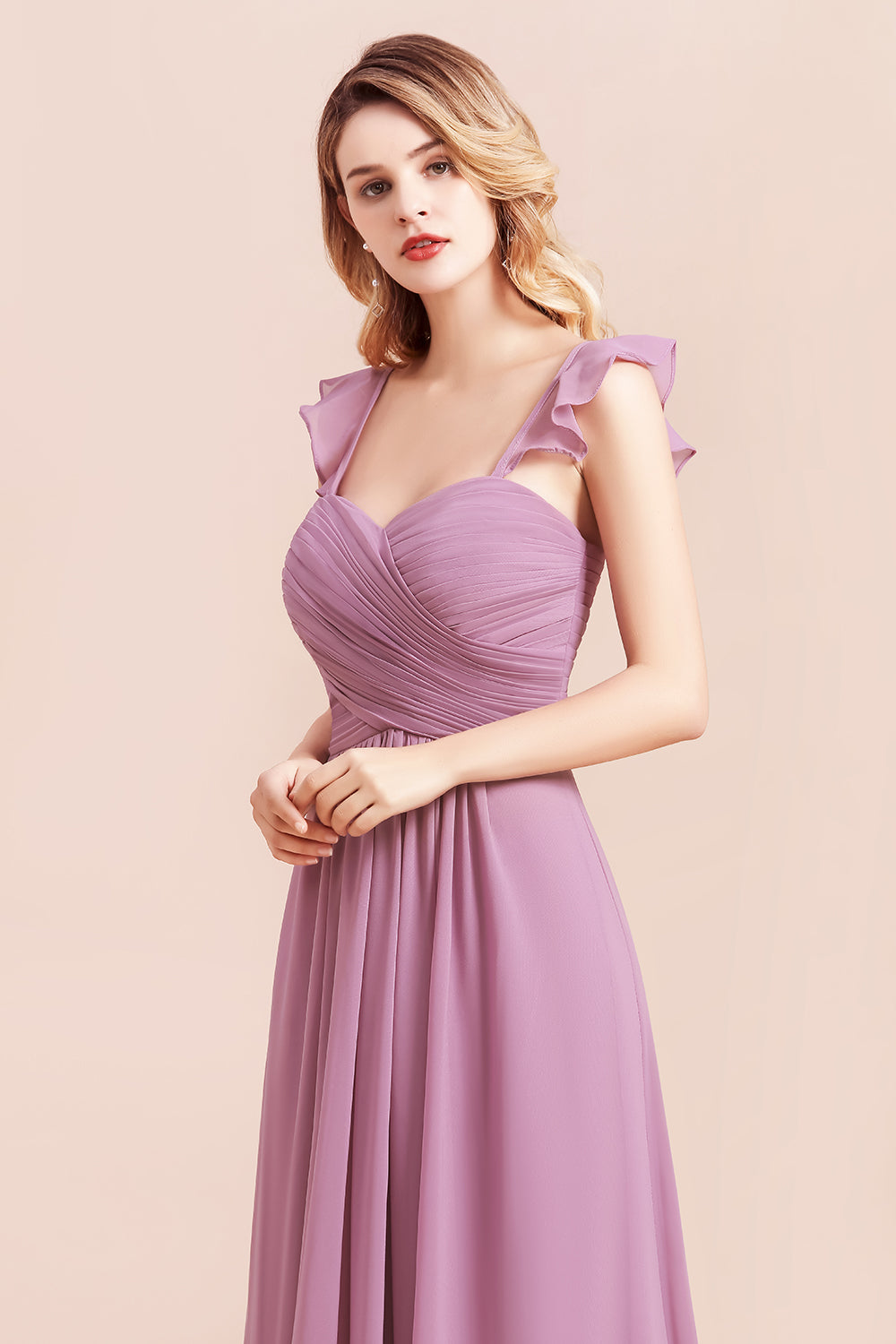Sweetheart Ruffles Straps Chiffon Long Bridesmaid Dress A-Line Sleeveless Party Dress
