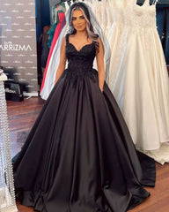 Black Long Sweetheart Wide Straps Satin Ball Gown Ruffles Floor Length Wedding Dress