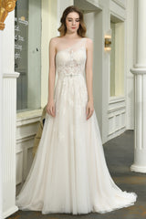 Elegant Long A-line One Shoulder Lace Tulle Backless Wedding Dresses